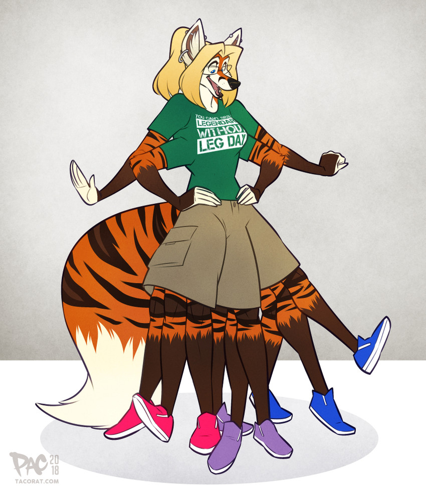 4_arms 9_legs anthro bisexual_pride_colors blonde_hair blue_eyes eyewear female glasses hair lgbt_pride multi_arm multi_leg multi_limb novelty_clothing pride_colors simple_background solo pac may_abbagail canid canine felid fox hybrid mammal pantherine tiger 2018