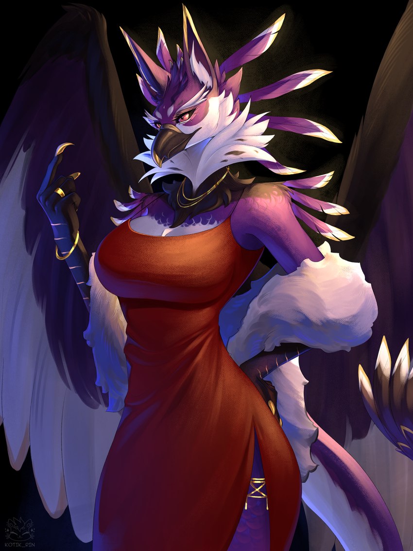 anthro beak biped bracelet breasts claws cleavage clothed clothing dress feathered_wings feathers female jewelry necklace non-mammal_breasts plumage purple_body purple_feathers scales solo wings kotik_rin mythology morgan_(fluffythunderbird) avian gryphon mythological_avian mythological_creature 3:4 absurd_res digital_media_(artwork) hi_res