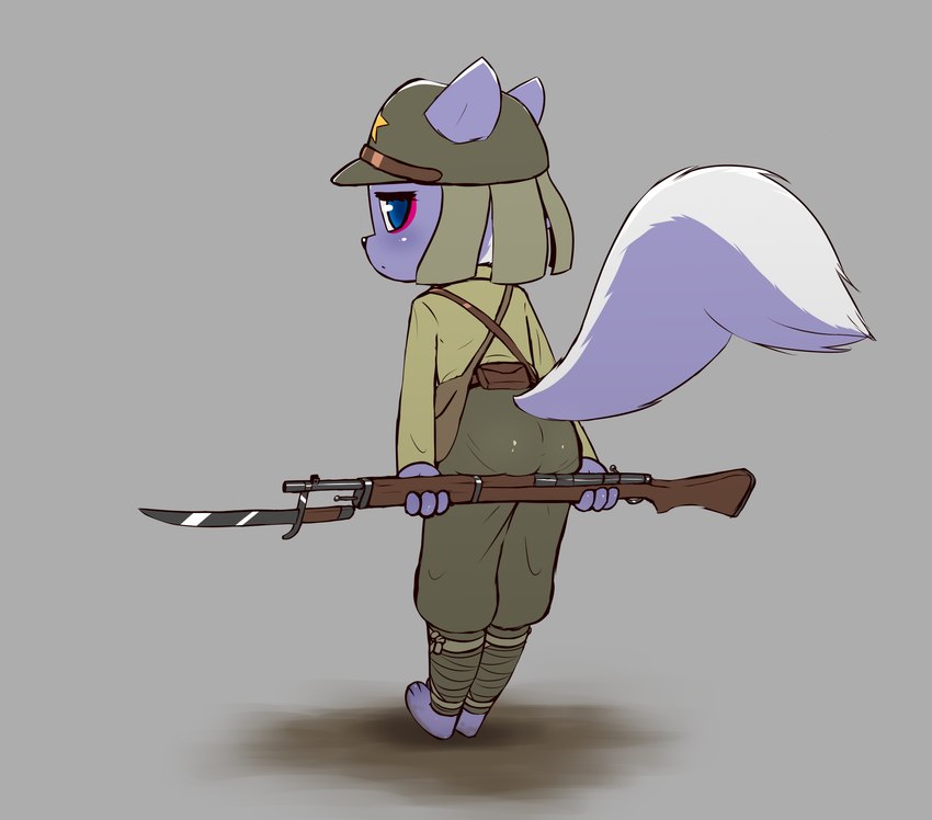 3_toes anthro asian_clothing barefoot bayonet blue_eyes blush butt clothed clothing dirty dirty_feet earhole east_asian_clothing feet female fluffy fluffy_tail fully_clothed fur gun japanese_clothing japanese_uniform knife looking_at_viewer looking_back pose purple_body purple_fur ranged_weapon rifle satchel solo tail toes uniform weapon world_war_2 e254e aggretsuko sanrio shikabane_(aggretsuko) mammal mephitid skunk absurd_res hi_res