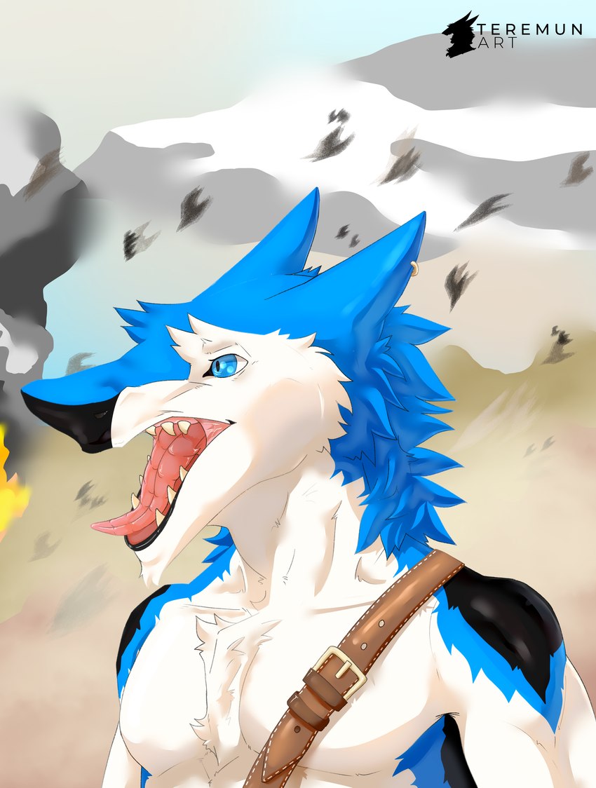 angry anthro belt blue_body blue_eyes blue_fur fur male open_mouth screaming simple_background solo teeth tongue tongue_out warcry white_body white_fur conditional_dnp teremunart mammal sergal absurd_res character_request hi_res