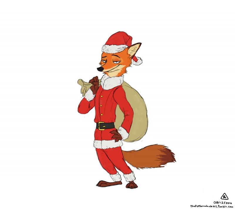 anthro barefoot biped black_nose bottomwear christmas_clothing christmas_headwear clothed clothing costume feet front_view fully_clothed fur half-closed_eyes hat headgear headwear holding_object holidays male multicolored_tail narrowed_eyes orange_body orange_fur pants sack santa_costume santa_hat simple_background smile solo standing tail text toes white_background thatotherwhaleoil christmas disney zootopia nick_wilde canid canine fox mammal red_fox true_fox 2016 absurd_res english_text hi_res signature