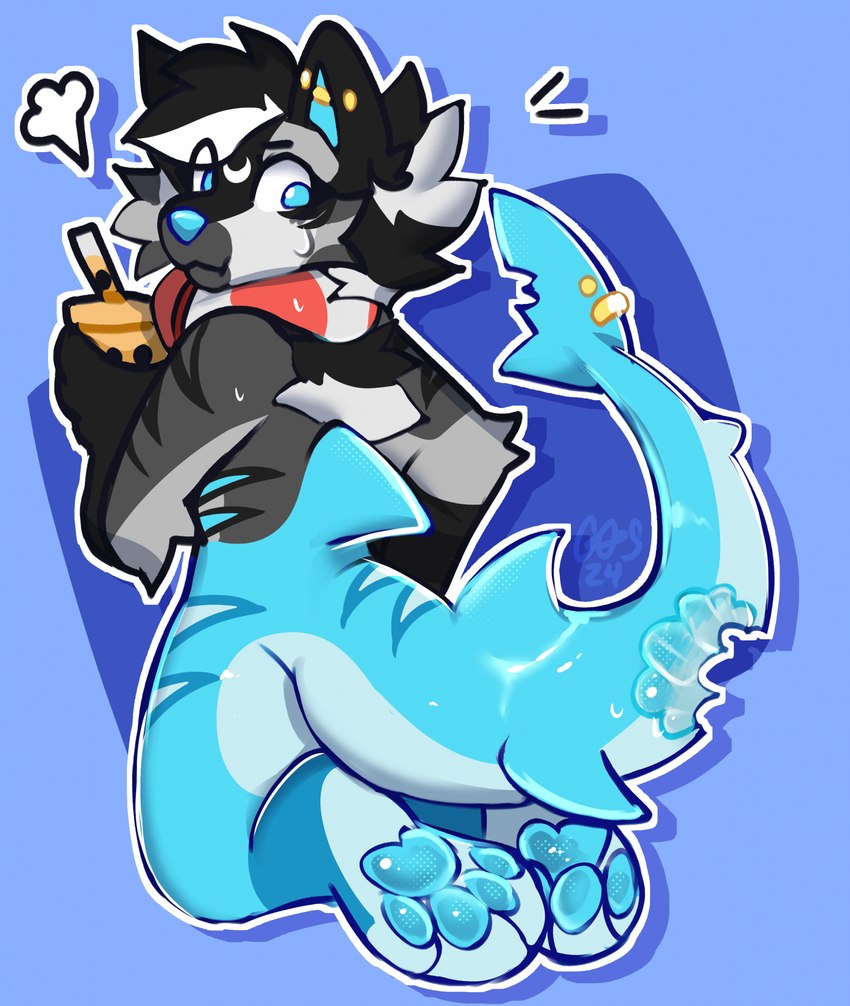 anthro beverage bite_mark blue_eyes bodily_fluids bubble_tea candy container cup dessert dorsal_fin ear_piercing female fin food furgonomics furry-specific_piercing gummy_(food) gummy_shark holding_object kneeling looking_back pawpads piercing scarf simple_background solo sweat sweatdrop tail tail_fin cosmicsaturn fish food_creature hybrid hyena living_candy mammal marine shark hi_res