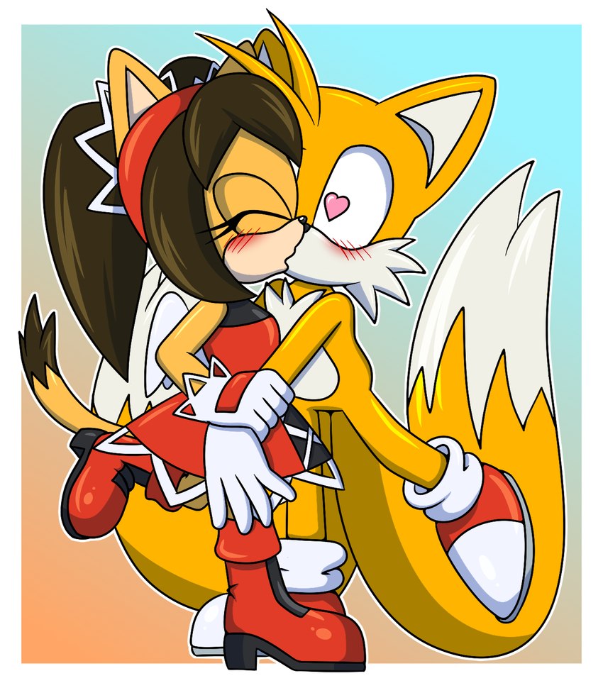 anthro anthro_on_anthro blush boots clothing duo female footwear gloves handwear heart_eyes heart_symbol kiss_on_lips kissing male male/female shoes sonicguru sega sonic_the_fighters sonic_the_hedgehog_(series) honey_the_cat miles_prower canid canine felid feline fox mammal 2023 hi_res