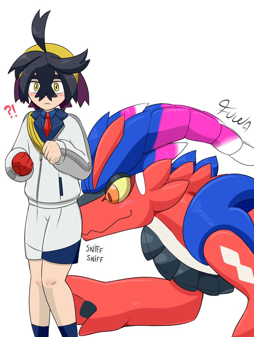 anthro blush butt_sniffing duo feathers feral male male/male question_mark red_body sniffing yellow_eyes mr_fuwa nintendo pokemon kieran_(pokemon) ancient_pokemon generation_9_pokemon human koraidon legendary_pokemon mammal paradox_pokemon pokemon_(species) scalie absurd_res hi_res