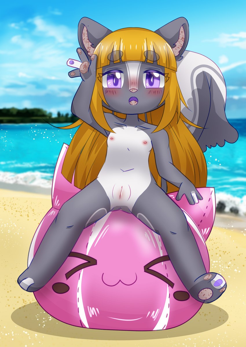 3_toes 4_fingers anthro anus ball beach beach_ball big_tail blonde_hair blush chest_tuft countershade_torso countershading detailed_background feet female fingerless_(marking) fingerpads fingers flat_chested fluffy fluffy_tail fur genitals grey_body grey_fur hair inflatable inner_ear_fluff loli looking_at_viewer multicolored_body multicolored_fur navel nipples nude open_mouth outside pawpads plant purple_eyes pussy sand sea seaside sitting sitting_on_ball sitting_on_object sky smile solo sparkles spread_legs spreading tail toeless_(marking) toepads toes tree tuft water wave white_body white_fur young young_anthro vio023 lolly_(butterscotchlollipop) mammal mephitid skunk absurd_res full-length_portrait hi_res portrait signature