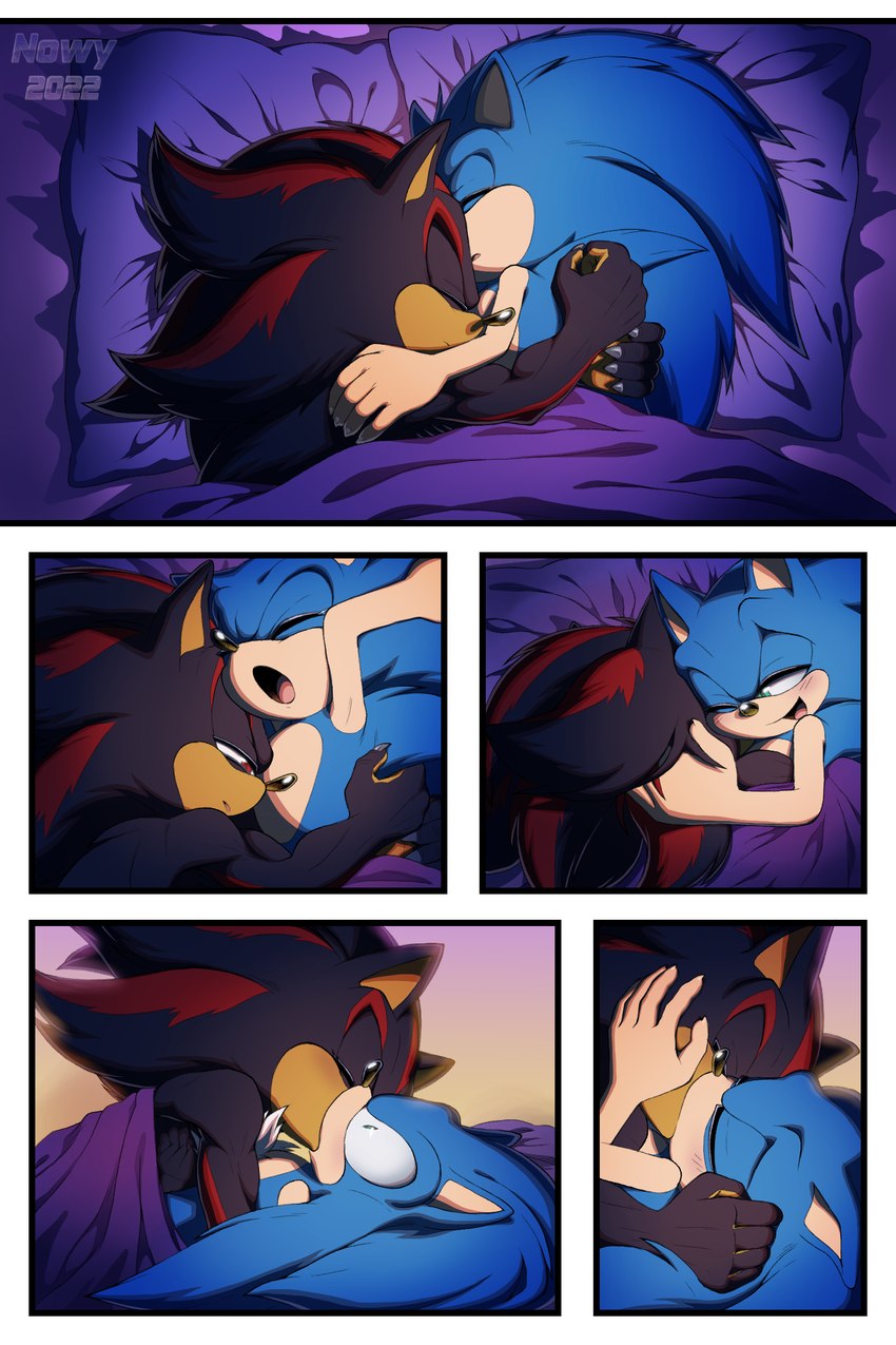 anthro bed bed_covers bedding bedroom biped black_body black_fur black_nose blanket blue_body blue_fur blush blush_lines chest_tuft countershade_fur countershading cuddling duo eyes_closed fur furniture green_eyes hug hugging_another hugging_partner humanoid_hands inside kiss_on_lips kissing looking_at_another looking_pleasured lying male male/male morning multicolored_body multicolored_fur muscular muscular_anthro muscular_male on_another on_back on_bed on_partner on_side open_mouth open_smile pillow quills_(anatomy) red_body red_eyes red_fur relationship romantic sleeping smile tan_arms tan_body tan_countershading tan_fur tan_inner_ear text tuft under_blanket under_covers nowykowski7 sega sonic_the_hedgehog_(series) shadow_the_hedgehog sonic_the_hedgehog eulipotyphlan hedgehog mammal 2022 2:3 artist_name comic digital_drawing_(artwork) digital_media_(artwork) hi_res shaded