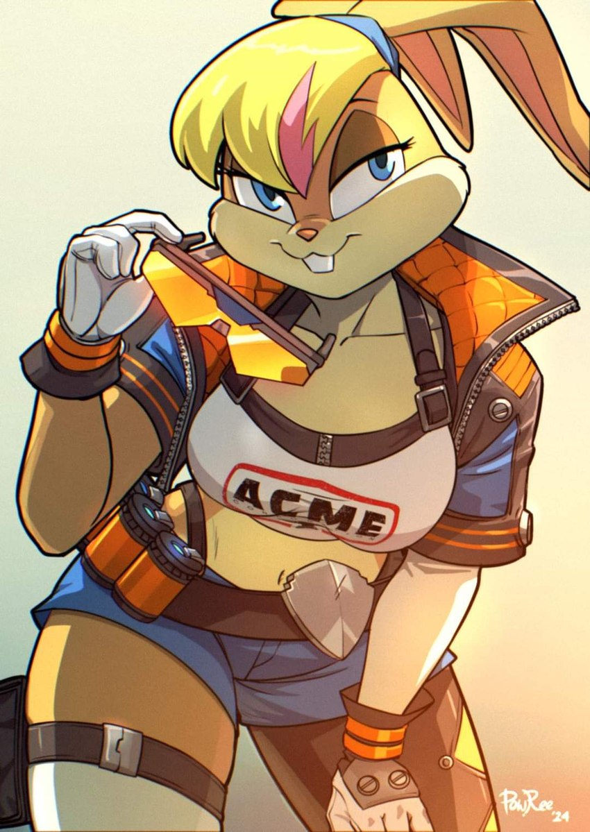 anthro blonde_hair blue_eyes bottomwear breasts brown_body buckteeth clothing collarbone eyelashes eyewear female gloves hair handwear jacket midriff navel shorts solo tan_body teeth topwear powree looney_tunes mihoyo warner_brothers zenless_zone_zero lola_bunny lagomorph leporid mammal rabbit 2024 hi_res