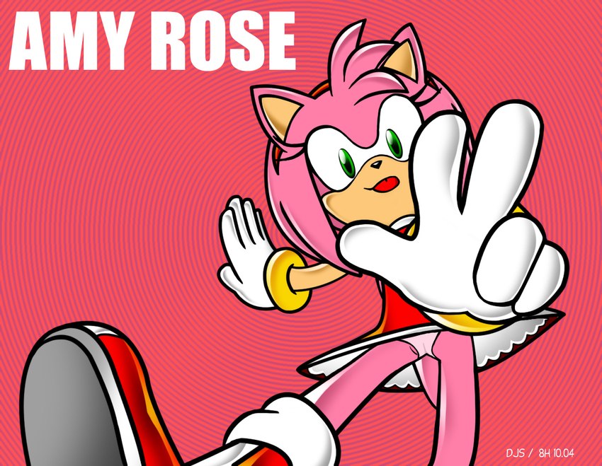 camel_toe clothed clothing dress female hair looking_at_viewer panties pink_body pink_clothing pink_hair pink_panties pink_underwear red_clothing red_dress short_hair solo standing thin_thighs tongue tongue_out underwear upskirt 8horns sega sonic_adventure sonic_the_hedgehog_(series) amy_rose eulipotyphlan hedgehog mammal 2005