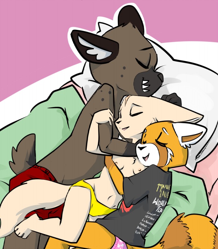 anthro bedding bisexual blanket breasts clothed clothing cuddling female group male pillow polyamory romantic romantic_polycule shirt sleeping smile topless topwear underwear toxoglossa aggretsuko sanrio fenneko haida_(aggretsuko) retsuko ailurid canid canine fennec_fox fox hyena mammal red_panda spotted_hyena true_fox