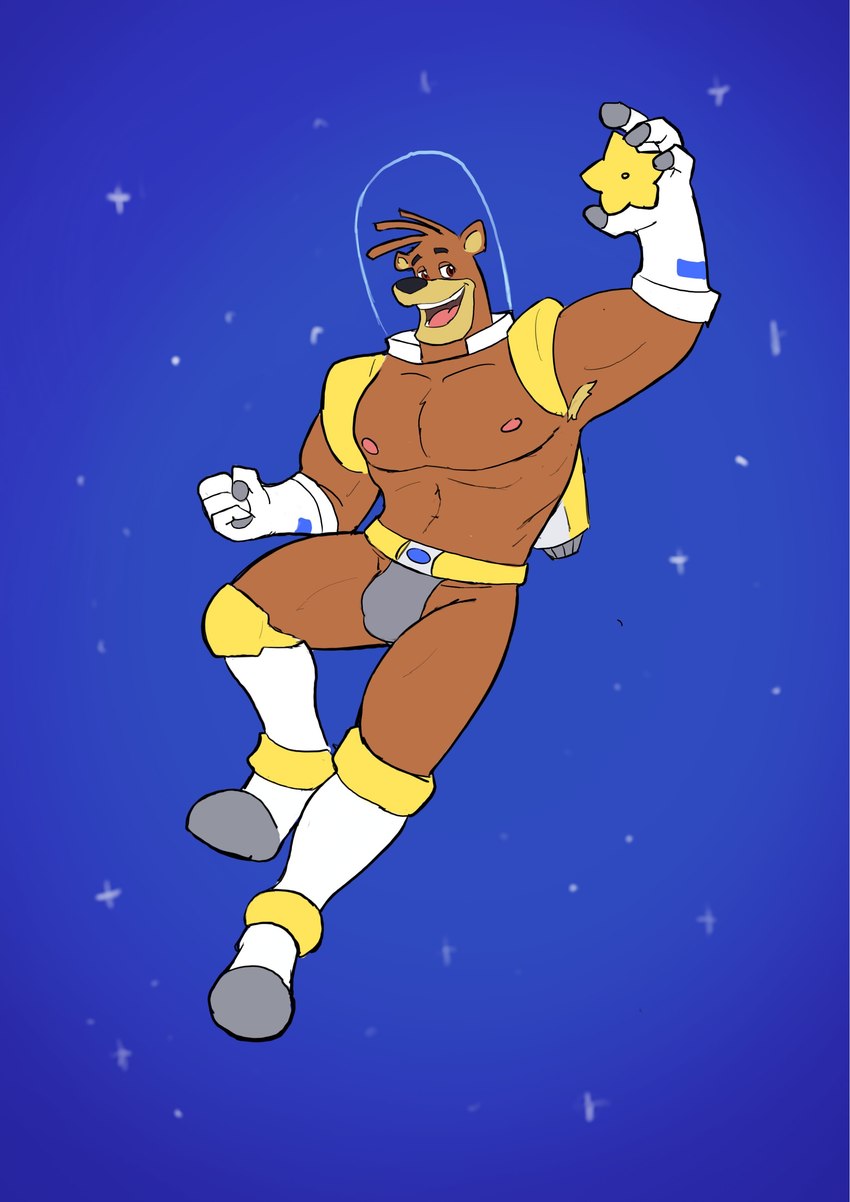 anthro armpit_hair astronaut body_hair brown_body bulge clothed clothing eyebrows male muscular muscular_male solo star teeth tongue hickeybickeyboo honey_stars captain_star bear mammal absurd_res hi_res