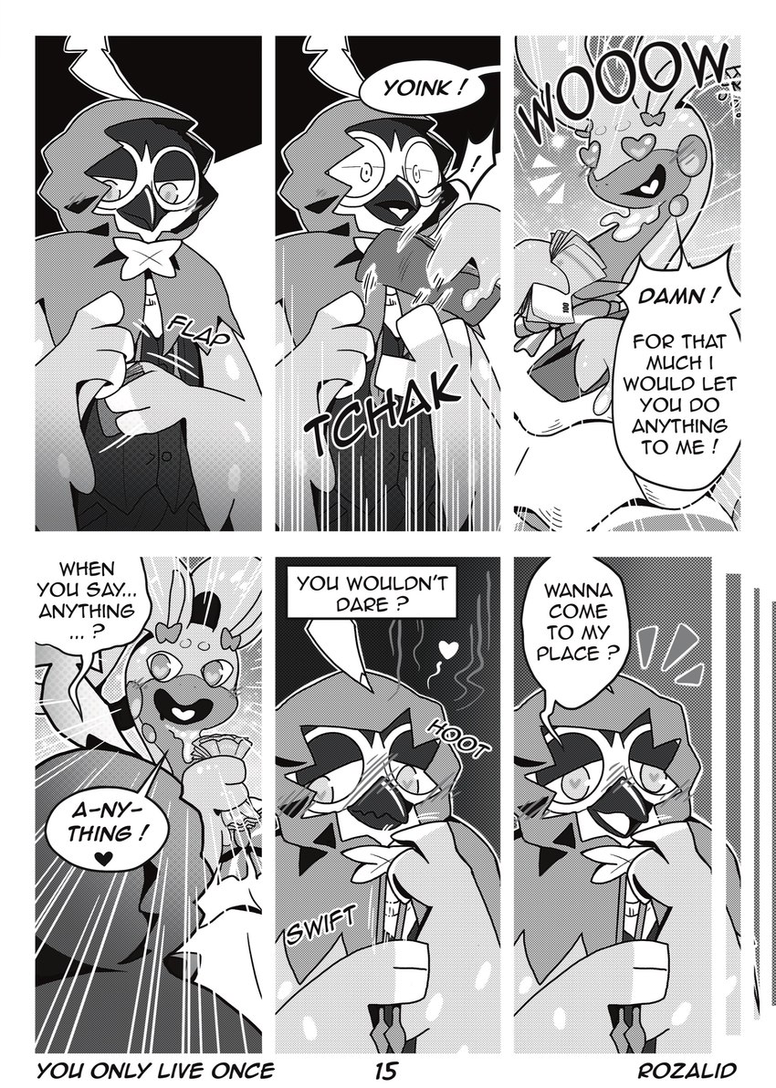 anthro clothed clothing dialogue duo enthusiastic female greedy heart_symbol hoot_(sound_effect) male male/female prostitution seductive shy speech_bubble text rozalid nintendo pokemon you_only_live_once louis_(decidueye) mugu_(goodra) avian bird decidueye generation_6_pokemon generation_7_pokemon goo_creature goodra pokemon_(species) absurd_res comic english_text hi_res