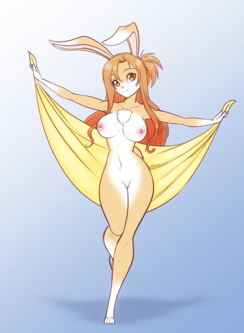 amber_eyes anthro areola breasts brown_hair chest_tuft dipstick_ears ear_markings eyebrows eyelashes female fur genitals gloves_(marking) hair highlights_(coloring) leg_markings long_ears long_hair looking_at_viewer markings multicolored_ears navel nipples nude orange_highlights pussy smile socks_(marking) solo tan_body tan_fur towel tuft white_body white_fur scorpdk sword_art_online asuna_yuuki lagomorph leporid mammal rabbit 2021 absurd_res hi_res