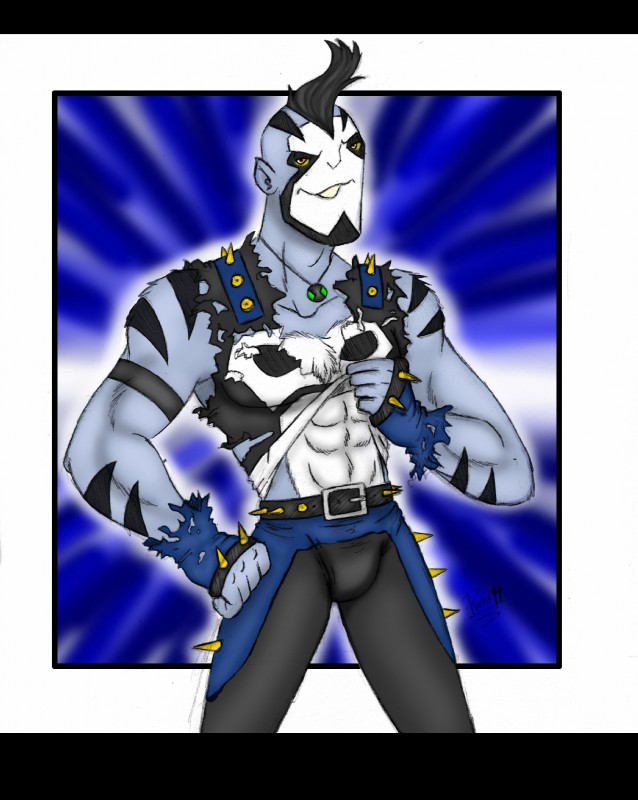 abs black_bars bulge clothing jewelry male mohawk muscular muscular_male necklace not_furry pose shirt solo stripes topwear torn_clothing torn_shirt torn_topwear rcc2002 ben_10 cartoon_network rook_blonko alien revonnahgander 2014 absurd_res hi_res letterbox