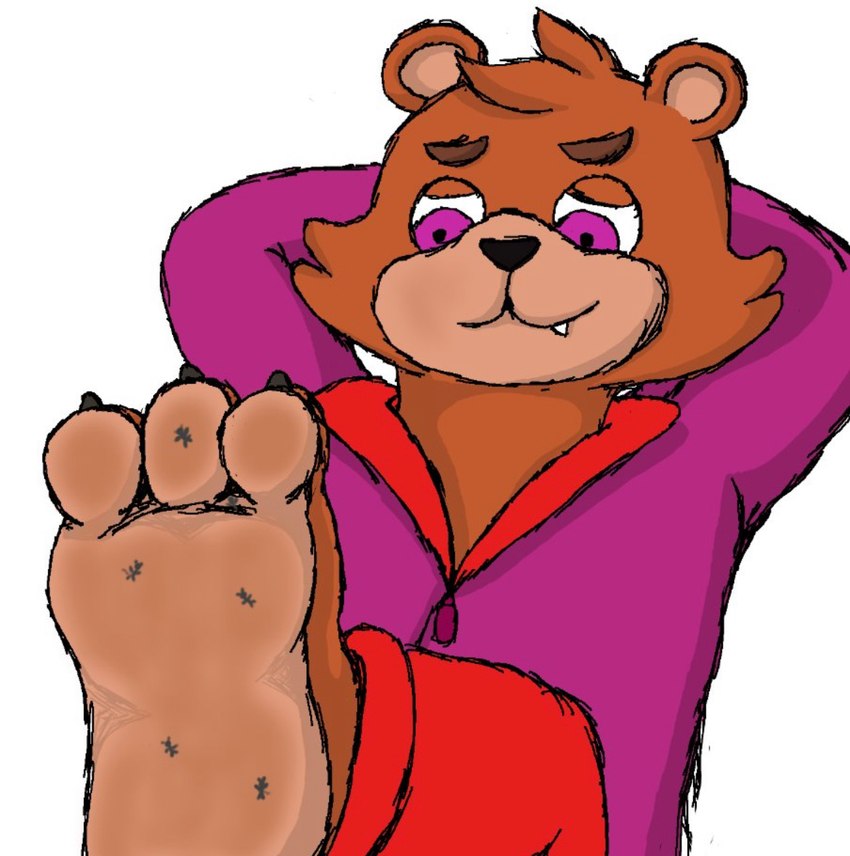 anthro brown_body brown_fur clothed clothing feet foot_fetish foot_focus foot_play fully_clothed fur hindpaw jacket macro male micro pawpads paws purple_eyes smile smirk solo topwear robmouse67 smashcuenta123 bear mammal