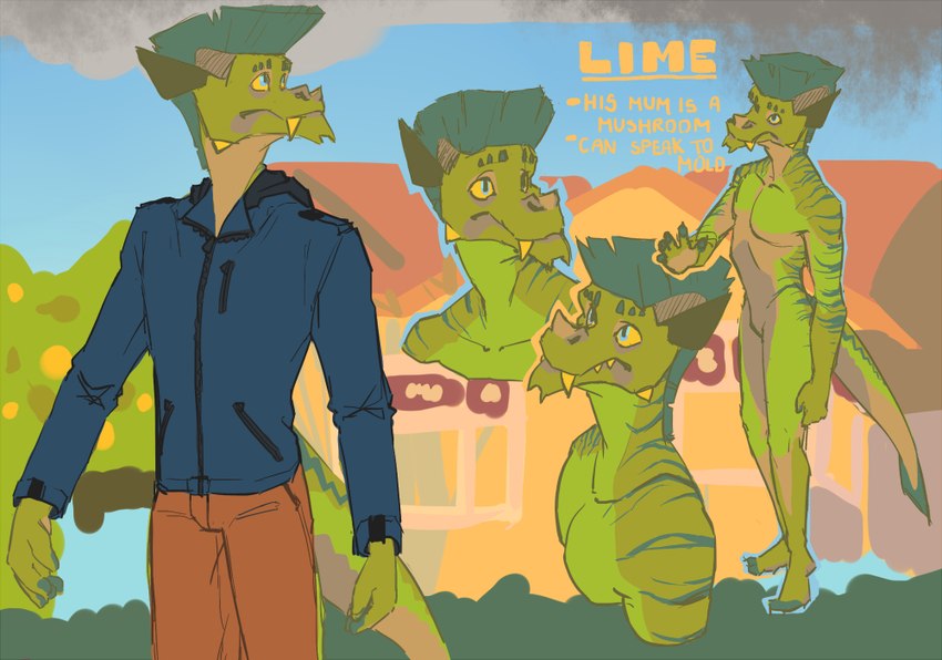 anthro brown_body green_body green_hair green_scales hair scales solo tail text beefrequency mythology lime_(beefrequency) dragon mythological_creature mythological_scalie scalie english_text