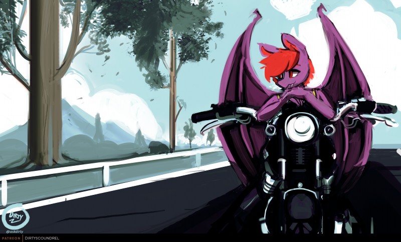 blue_sky clothed clothing female fur motorcycle painting purple_body purple_fur scenery sky solo standing vehicle dirtyscoundrel kiri bat mammal 2018 absurd_res hi_res