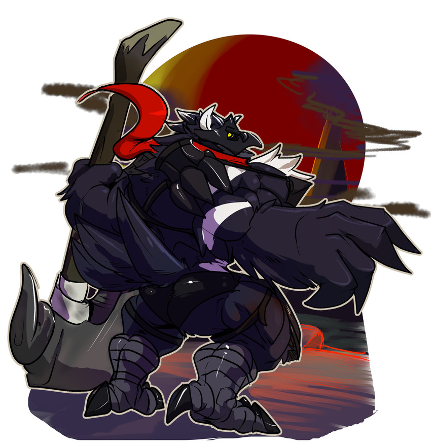 anthro anthrofied armor beak clothing holding_object huge_muscle looking_at_viewer male open_mouth rear_view scarf simple_background solo underwear weapon white_background fierglief nintendo pokemon cawaden avian corviknight generation_8_pokemon pokemon_(species) 2020 absurd_res hi_res