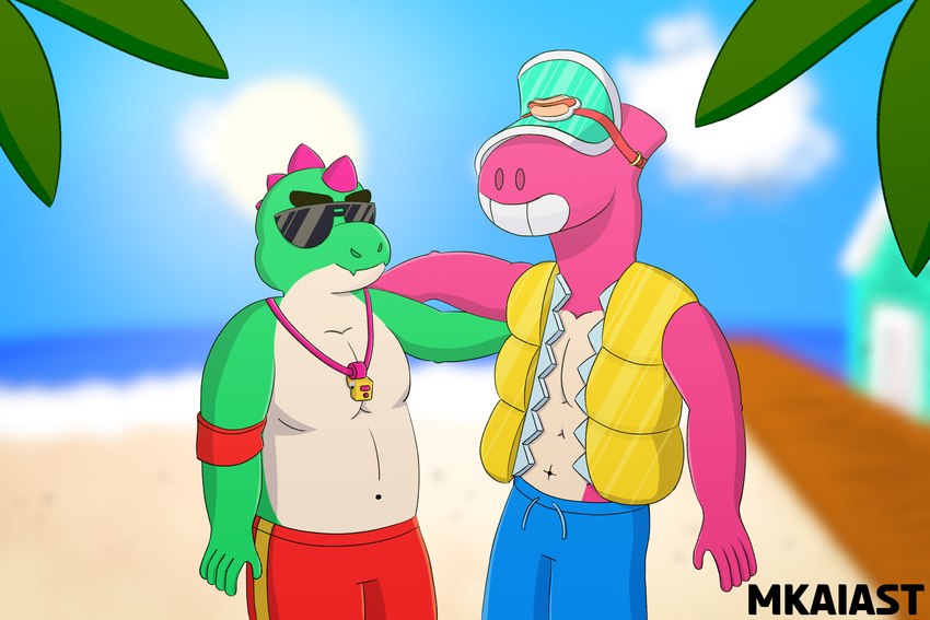 anthro blue_clothing blurred_background clothing duo eyewear flute green_body green_skin life_jacket male male/male muscular musical_instrument palm_tree pink_body pink_skin plant red_clothing sunglasses swimming_trunks swimwear tree visor water wind_instrument woodwind_instrument yellow_clothing mkaiast brawl_stars supercell_(company) buzz_(brawl_stars) doug_(brawl_stars) dinosaur prehistoric_species reptile scalie 3:2 absurd_res hi_res