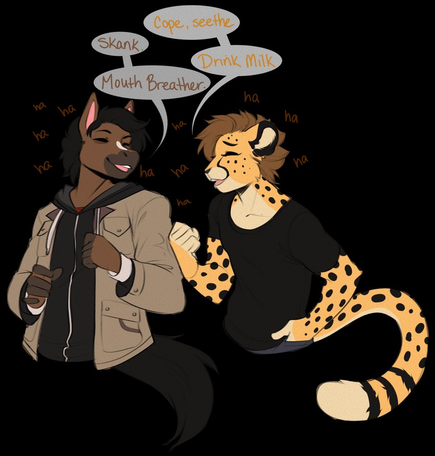 anthro black_hair brown_hair clothed clothing countershading duo hair male open_mouth simple_background smile teeth tongue kittydee harrison_maker zachariah_(velocitycat) cheetah equid equine felid feline horse mammal 2021 alpha_channel digital_media_(artwork) hi_res