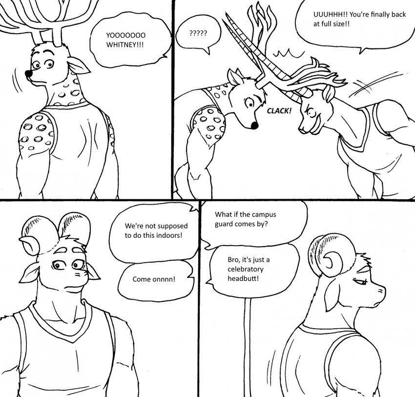 anthro antlers clothed clothing dialogue fur grin group headbutt horn male markings sad shirt smile speech_bubble spots spotted_body spotted_fur tank_top text topwear trio bernielover bernielover's_college_au devon_(bernielover) troy_(bernielover) whitney_(bernielover) antelope bovid caprine deer mammal 2023 comic english_text hi_res monochrome