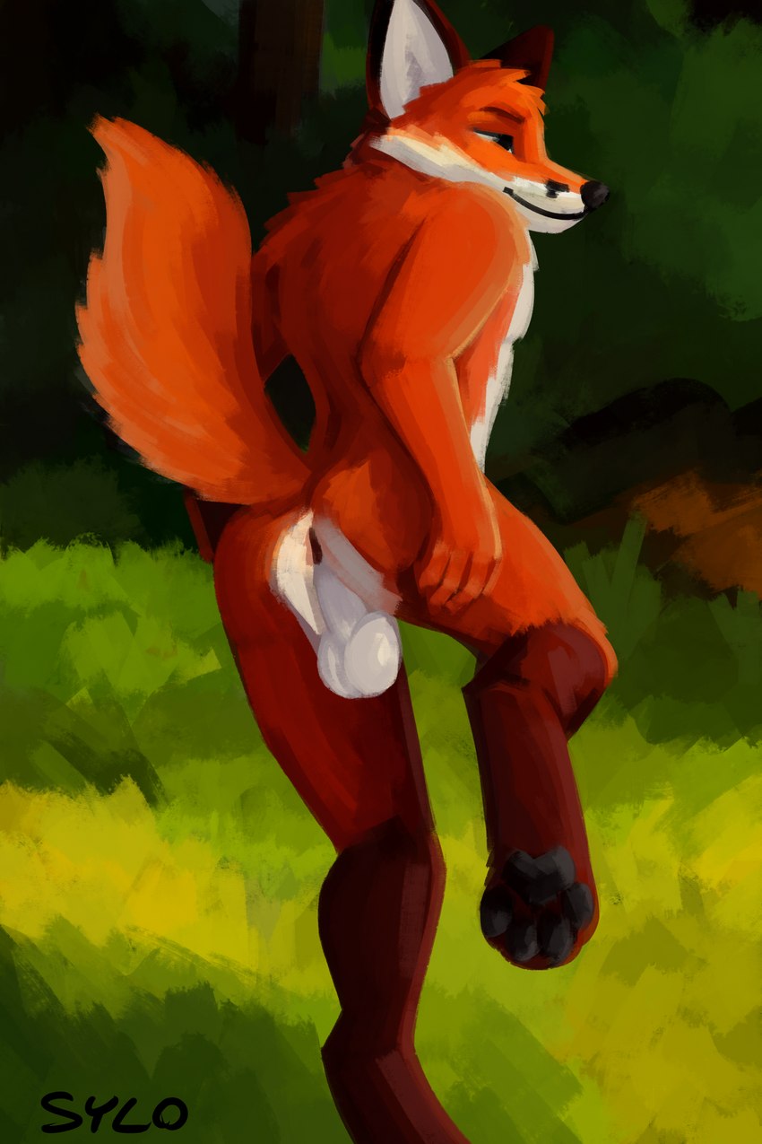 anthro anus balls butt feet fur genitals grass hindpaw male nude orange_body orange_fur outside paws plant rear_view smile solo tail sylo canid canine fox mammal red_fox true_fox 2023 2:3 absurd_res digital_media_(artwork) hi_res