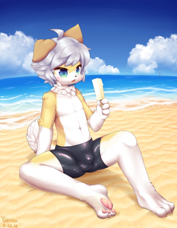 anthro beach biped black_nose blue_eyes blush brown_body brown_fur bulge claws clothed clothing cloud detailed_background food fur grey_hair hair kemono male open_mouth outside pawpads paws popsicle sand seaside sitting sky solo topless water white_body white_fur young young_anthro yakimo canid canine canis domestic_dog mammal 2016 hi_res