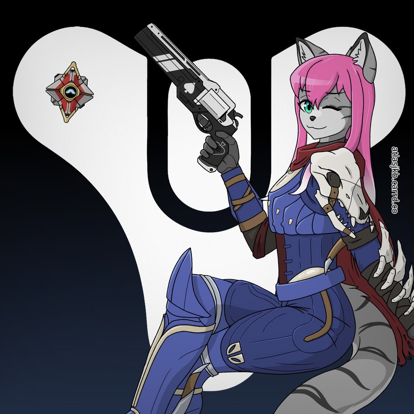 :3 anthro armor blue_clothing bone breastplate cloak clothing duo female fur green_eyes grey_body grey_fur gun hair handgun holding_object holding_weapon knife leaning leaning_backward one_eye_closed pink_hair pistol ranged_weapon red_clothing scarf simple_background sitting skull straps striped_body stripes weapon wink atlas_jkb destiny_2 anya_(atlas_jkb) domestic_cat felid feline felis ghost_(destiny) mammal tabby_cat 1:1 absurd_res hi_res watermark