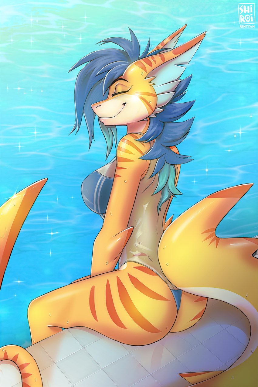 anthro blue_hair breasts butt clothing detailed_background eyes_closed female fin hair markings one-piece_swimsuit orange_body poolside sitting smile solo striped_body striped_markings stripes swimming_pool swimwear tail thick_tail translucent translucent_clothing translucent_swimwear rin_tyan gris_swimsuit meme_clothing jyxa fish marine requiem_shark shark tiger_shark 2022 digital_media_(artwork) hi_res meme watermark