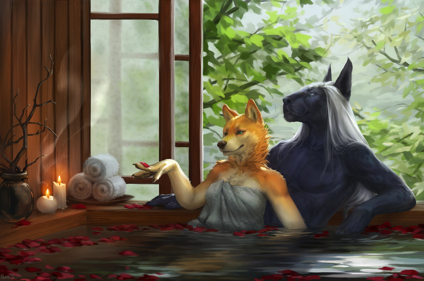 5_fingers anthro black_body black_fur black_nose breasts clothed clothing female fingers fur male smile spa kuroi-kisin canid canine canis felid mammal pantherine wolf 2020 digital_media_(artwork)