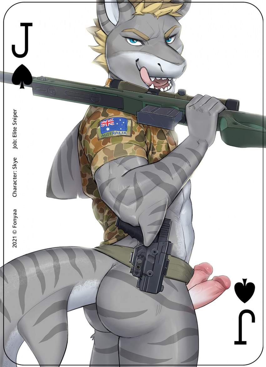 2_penises anthro australian_flag awp bottomless butt camo card card_template clothed clothing copyright_symbol diphallism dorsal_fin erection fin genitals glans gun handgun horizontal_diphallism humanoid_genitalia humanoid_penis jack_of_spades licking licking_lips looking_at_viewer male military multi_genitalia multi_penis penis pistol playing_card playing_card_template ranged_weapon rifle shirt simple_background sniper_rifle solo standing stripes symbol text tongue tongue_out topwear weapon white_background fonyaa glock skye_(shark7) fish marine requiem_shark shark tiger_shark 2021 english_text hi_res