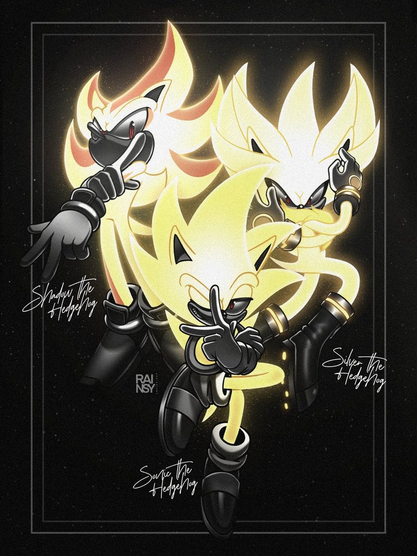 anthro black_background clothing fur gloves group handwear male pose red_eyes simple_background super_form tail trio yellow_body yellow_fur rainsyart sega sonic_the_hedgehog_(series) shadow_the_hedgehog silver_the_hedgehog sonic_the_hedgehog super_shadow super_silver super_sonic eulipotyphlan hedgehog mammal 3:4 hi_res