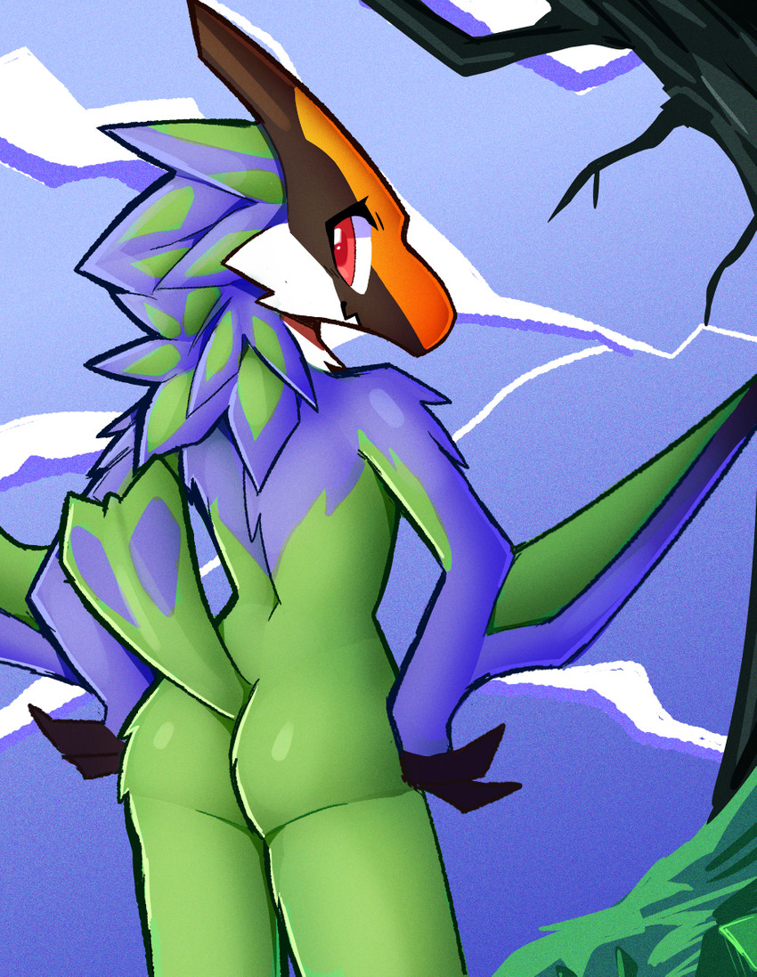 anthro anthrofied beak butt cloud feathers female green_body membrane_(anatomy) membranous_wings nude plant red_eyes sky smile solo tree wings inget capcom monster_hunter bird_wyvern qurupeco 2020 digital_media_(artwork) hi_res