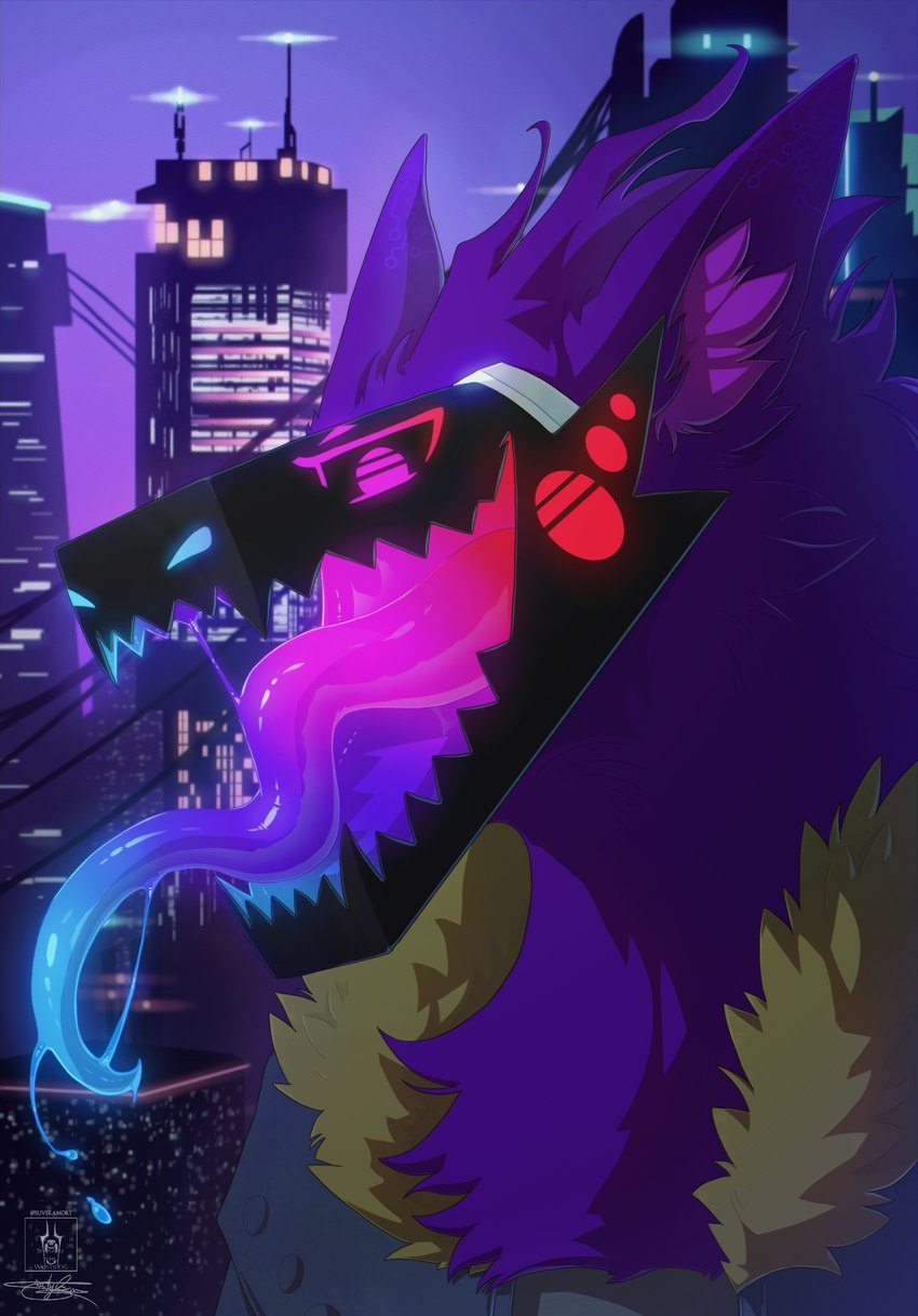 anthro cyberpunk fur glowing glowing_mouth long_tongue machine male mouth_shot neon_lights open_mouth purple_body purple_fur rainbow slime smug solo synthwave tongue visor seregore protogen absurd_res hi_res