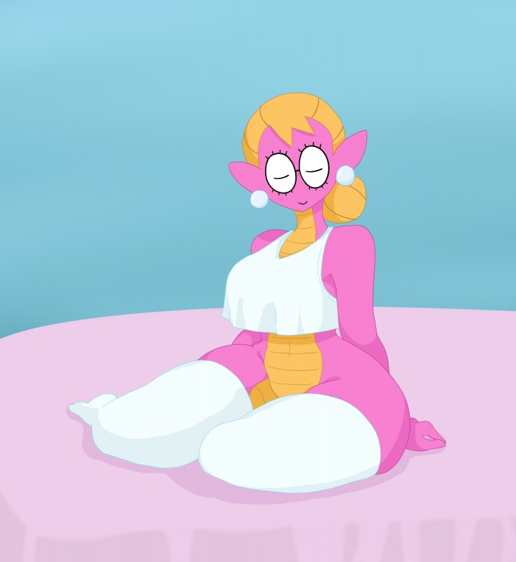 4_fingers anthro biped blonde_hair blush breasts clothed clothing curvy_figure ear_piercing eyelashes eyes_closed eyewear feet female fingers gem glasses hair hair_bun humanoid_pointy_ears legwear lizard_tail markings multicolored_body multicolored_scales no_underwear non-mammal_breasts noseless one_eye_closed pearl_(gem) piercing pink_body pink_scales pink_skin pointy_ears scales shirt simple_background sitting smile solo stockings tank_top thick_thighs thigh_highs topwear two_tone_body two_tone_scales underwear voluptuous wide_hips yellow_body yellow_skin doremian scalie_schoolie sally_(scalie_schoolie) amphibian lungless_salamander salamander scalie spring_salamander 2017 absurd_res full-length_portrait hi_res portrait