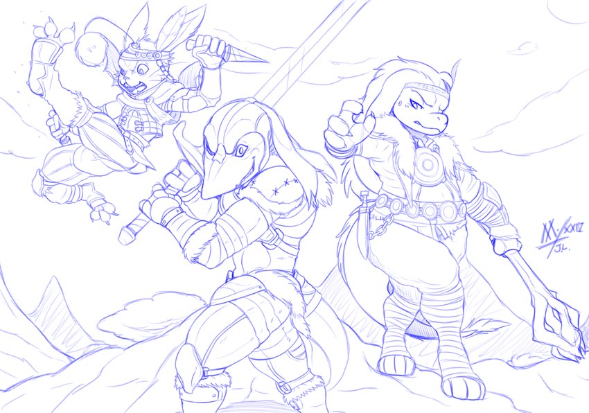 anthro armor clothed clothing dagger feet group holding_knife holding_object holding_staff holding_weapon knife male melee_weapon soles staff sword toes trio weapon meatboom final_fantasy final_fantasy_tactics square_enix anonymous_character bangaa ivalician_moogle mammal moogle nu_mou 2024 blue_and_white hi_res monochrome