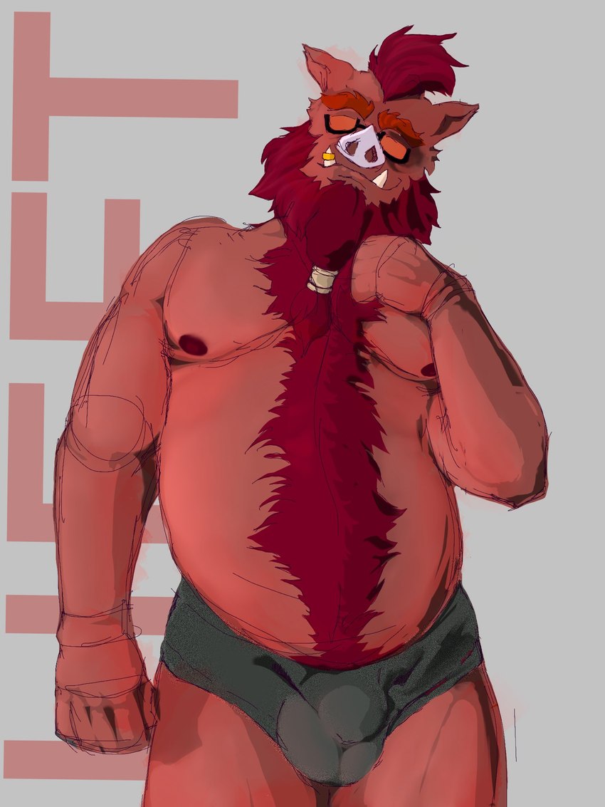 anthro balls_outline belly bulge clothing detailed_bulge eyewear genital_outline humanoid_hands male moobs nipples overweight overweight_male solo sunglasses underwear lemonseato password_(visual_novel) oswin_(password) mammal suid suine sus_(pig) wild_boar 2022 3:4 hi_res