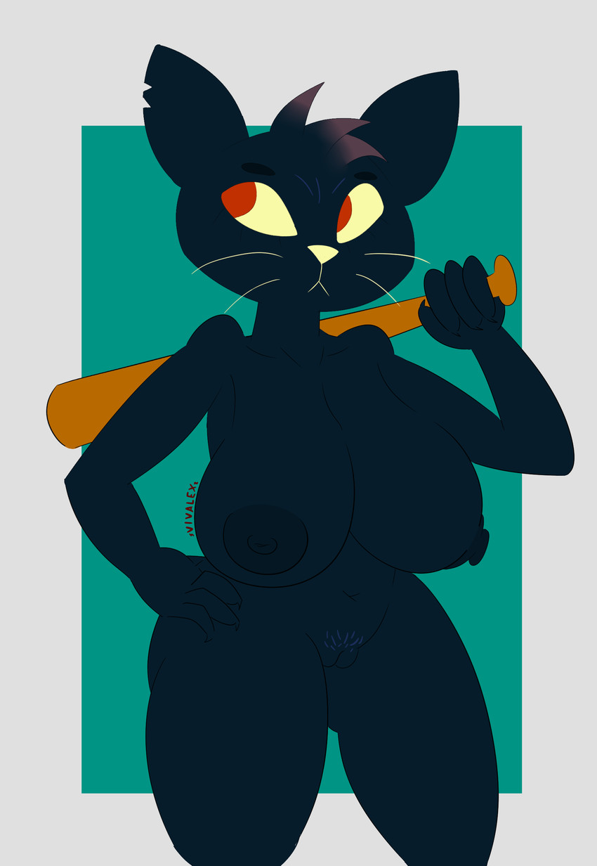 anthro baseball_bat bat_(object) big_breasts breasts female genitals looking_away nipples notched_ear nude pose pubes pussy simple_background solo standing thick_thighs whiskers vivalex night_in_the_woods mae_borowski domestic_cat felid feline felis mammal absurd_res hi_res