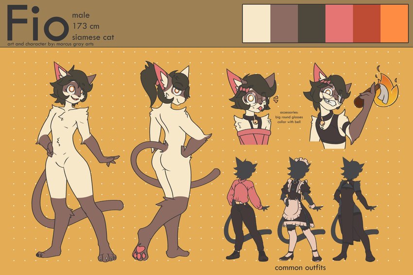 anthro bottle brown_body brown_fur brown_hair container eyewear femboy fur glasses hair male molotov_cocktail solo tan_body marcus_gray fio_(marcus_gray) domestic_cat felid feline felis mammal siamese 3:2 hi_res model_sheet