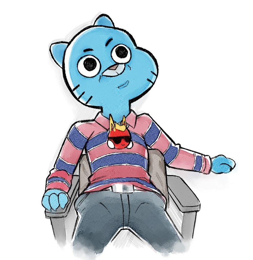 anthro belt blank_stare bottomwear chair clothing furniture jewelry male medallion necklace pants parody pattern_clothing pattern_shirt pattern_topwear shirt simple_background sitting solo striped_clothing striped_shirt striped_topwear stripes topwear why mu_plus cartoon_network the_amazing_world_of_gumball chris_chan gumball_watterson domestic_cat felid feline felis mammal 2021 colored lol_comments meme