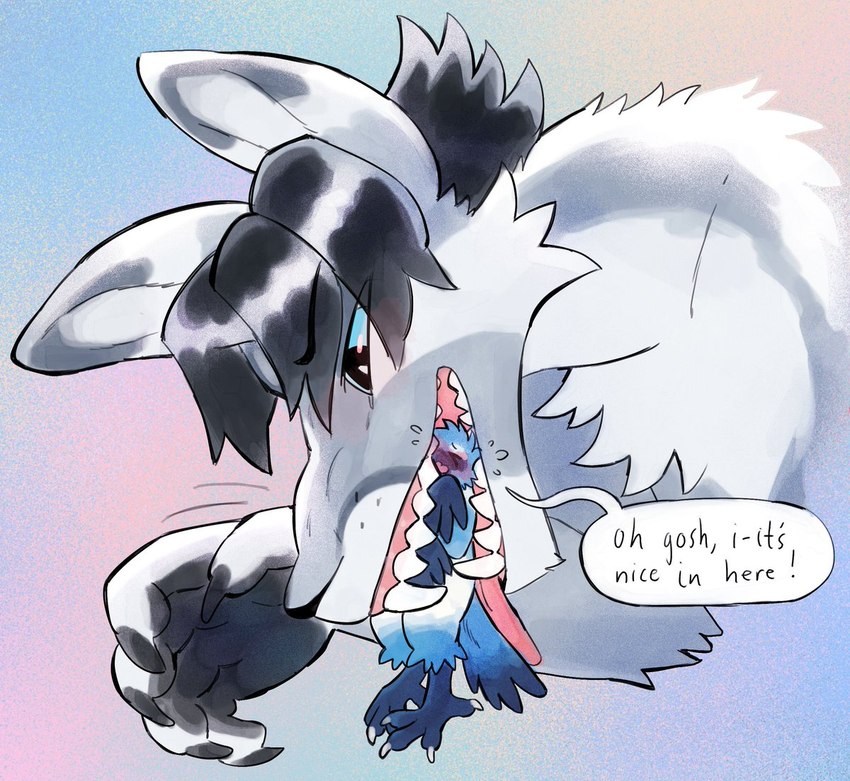 anthro arm_tuft black_claws black_hair black_pawpads blue_body blue_eyes blue_feathers blue_talons blush bodily_fluids cheek_tuft claws countershading dialogue duo elbow_tuft facial_tuft feathers fur grey_body grey_claws grey_fur grey_markings hair imminent_vore larger_anthro larger_male looking_pleasured male male/male markings open_mouth oral_vore pawpads pink_tongue sharp_teeth size_difference smaller_anthro smaller_male sweat sweatdrop teeth text toe_claws tongue tuft vore white_body white_countershading white_feathers white_fur white_inner_ear birdpaw_(artist) gorda_punta izak avian bird corvid florida_scrub_jay jay_(bird) mammal new_world_jay oscine passerine scrub_jay unknown_species 2021 digital_media_(artwork) digital_painting_(artwork) english_text painting_(artwork)