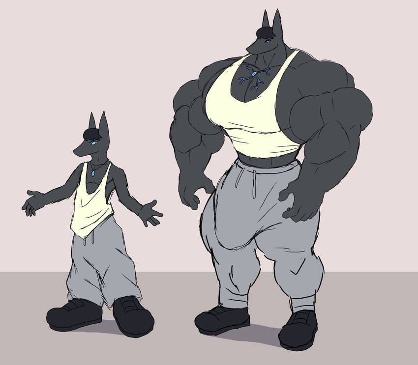 anthro before_and_after big_bulge big_muscles big_pecs big_penis black_body black_clothing black_footwear black_fur black_hair black_shoes blue_eyes body_size_growth bottomwear bulge clothed clothing expansion footwear fur genital_expansion genitals grey_bottomwear grey_clothing grey_pants growth hair huge_muscles huge_pecs huge_penis jewelry male midriff muscle_growth muscular muscular_arms muscular_legs muscular_male muscular_thighs necklace oversized_clothing pants pecs penis penis_expansion shirt shoes size_transformation solo sweatpants tank_top thick_thighs tight_clothing topwear transformation white_clothing white_shirt white_topwear parttimeyeen_(artist) tarren_(parttimeyeen) canid canine mammal absurd_res hi_res