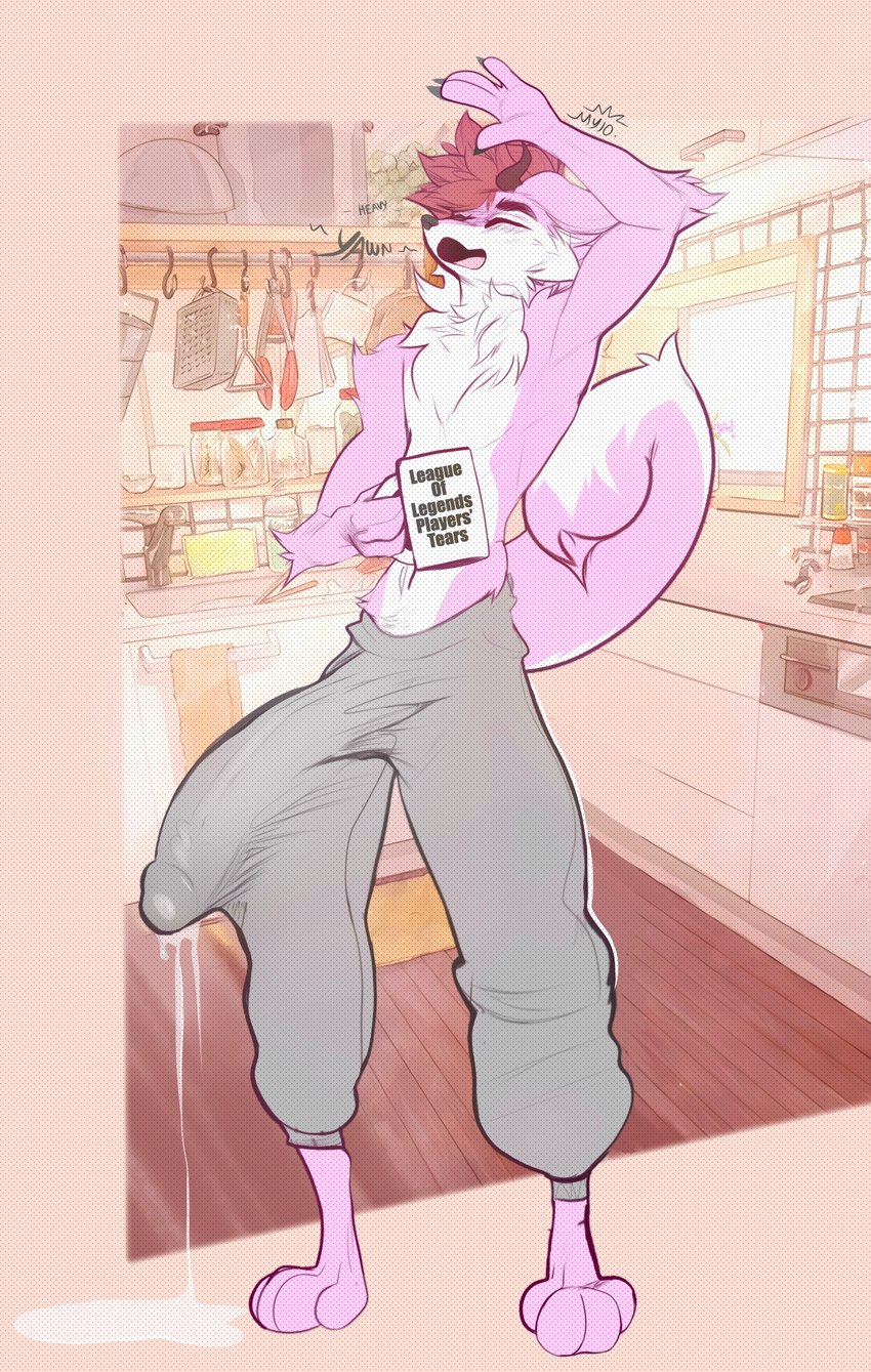 anthro big_bulge big_penis bodily_fluids bottomwear bulge clothed clothing coffee_mug detailed_background detailed_bulge down_the_leg_bulge dripping erection erection_under_clothing fur genital_fluids genital_outline genitals hair holding_object horn huge_bulge huge_penis hyper hyper_genitalia kitchen male morning_wood open_mouth pants penis penis_outline pink_body pink_fur pink_hair precum precum_drip shirtless solo stretching sweatpants text white_body white_fur yawn mylo_denmrind sion_allona canid canine canis domestic_dog husky hybrid mammal nordic_sled_dog spitz 2022 absurd_res digital_media_(artwork) english_text hi_res