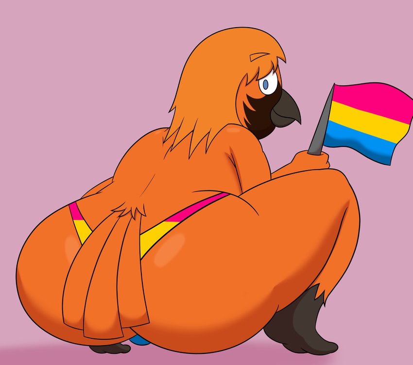 anthro beak big_butt black_beak blue_clothing blue_eyes blue_thong blue_underwear brown_body brown_feathers butt clothing crouching feather_hair feathers flag flag_(object) hair holding_flag holding_object huge_butt lgbt_pride looking_at_viewer looking_back male multicolored_body multicolored_clothing multicolored_feathers multicolored_thong multicolored_underwear orange_body orange_feather_hair orange_feathers orange_hair orange_tail orange_tail_feathers pansexual_pride_colors pink_clothing pink_thong pink_underwear pride_colors pseudo_hair rear_view solo tail tail_feathers thick_thighs thong three-quarter_view two_tone_body two_tone_feathers underwear yellow_clothing yellow_thong yellow_underwear colossalstars lgbt_pride_month shinsuke_ryukyuma avian bird 2024 absurd_res digital_media_(artwork) hi_res