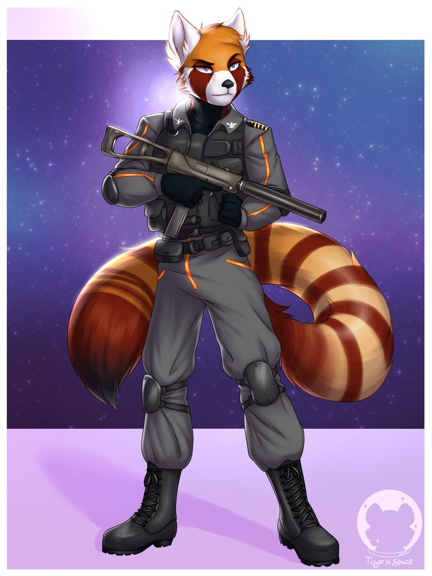 anthro armed big_ears big_tail black_body black_fur boots clothing dark_body dark_fur determined elbow_pads equipment eyebrows footwear fur gear gun jumpsuit knee_pads male military military_uniform orange_body orange_fur pose raised_eyebrow ranged_weapon red_body red_fur shoes solo tail uniform weapon tigerinspace charlie_(razumi) ailurid mammal red_panda 3:4 absurd_res hi_res pinup shaded