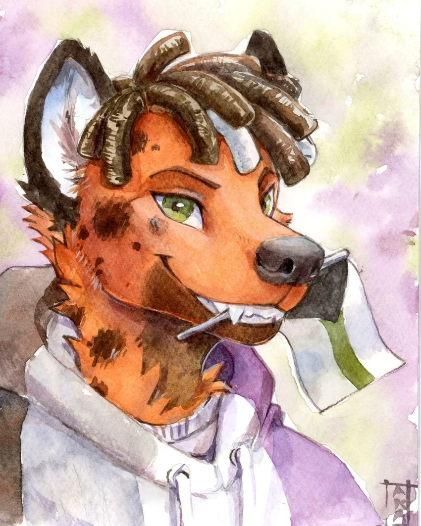 anthro asexual_pride_colors black_nose brown_body brown_clothing brown_fur brown_hoodie brown_topwear clothed clothing demiromantic_pride_colors dreadlocks fangs flag flag_(object) flag_in_mouth fur glistening glistening_eyes green_eyes grin holding_flag holding_object hoodie lgbt_pride looking_at_viewer male markings multicolored_clothing multicolored_hoodie multicolored_topwear neck_tuft object_in_mouth orange_body orange_fur pride_color_clothing pride_color_flag pride_color_hoodie pride_color_topwear pride_colors purple_clothing purple_hoodie purple_topwear simple_background smile solo spots spotted_body spotted_fur teeth topwear tuft white_clothing white_hoodie white_topwear akatan_art accipitriform avian bird hybrid hyena mammal osprey spotted_hyena 4:5 bust_portrait hi_res portrait signature traditional_media_(artwork)