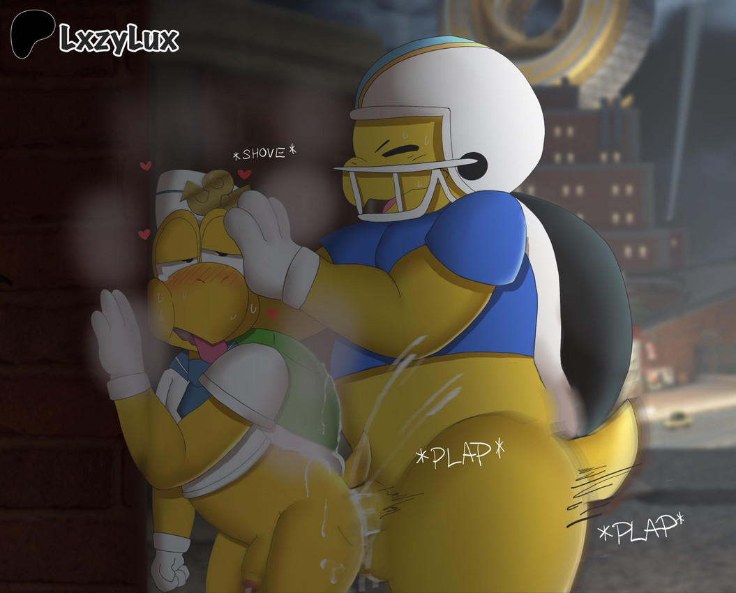 4_fingers alley american_football_uniform anal anal_penetration anthro balls beak belly black_shell blue_clothing blue_shirt blue_topwear blush blushing_profusely bodily_fluids bottomless bottomless_anthro bottomless_male breath brick_wall butt car city clothed clothed_sex clothing cum cum_in_ass cum_inside cum_on_butt cumshot_in_ass dominant dominant_anthro dominant_male duo eyes_closed fingers football_helmet football_jersey foreskin genital_fluids genitals gloves green_shell hand_on_head hand_on_wall handwear hat headgear headwear heart_symbol hearts_around_head humanoid_genitalia humanoid_penis male male/male motion_lines night outside_sex partially_clothed partially_clothed_anthro partially_clothed_male partially_retracted_foreskin penetration penile penile_penetration penis penis_in_ass pinned pinned_to_wall plap public public_sex sailor_cap sailor_uniform sex shell shirt shoving slightly_chubby submissive submissive_anthro submissive_male sweat sweatdrop tail tears tears_of_pleasure tongue tongue_out topwear turtle_shell vehicle wall_(structure) yellow_balls yellow_body yellow_penis lxzylux mario_bros mario_kart mario_kart_world nintendo koopa_troopa_(sailor) chargin'_chuck koopa koopa_troopa reptile scalie tortoise turtle hi_res