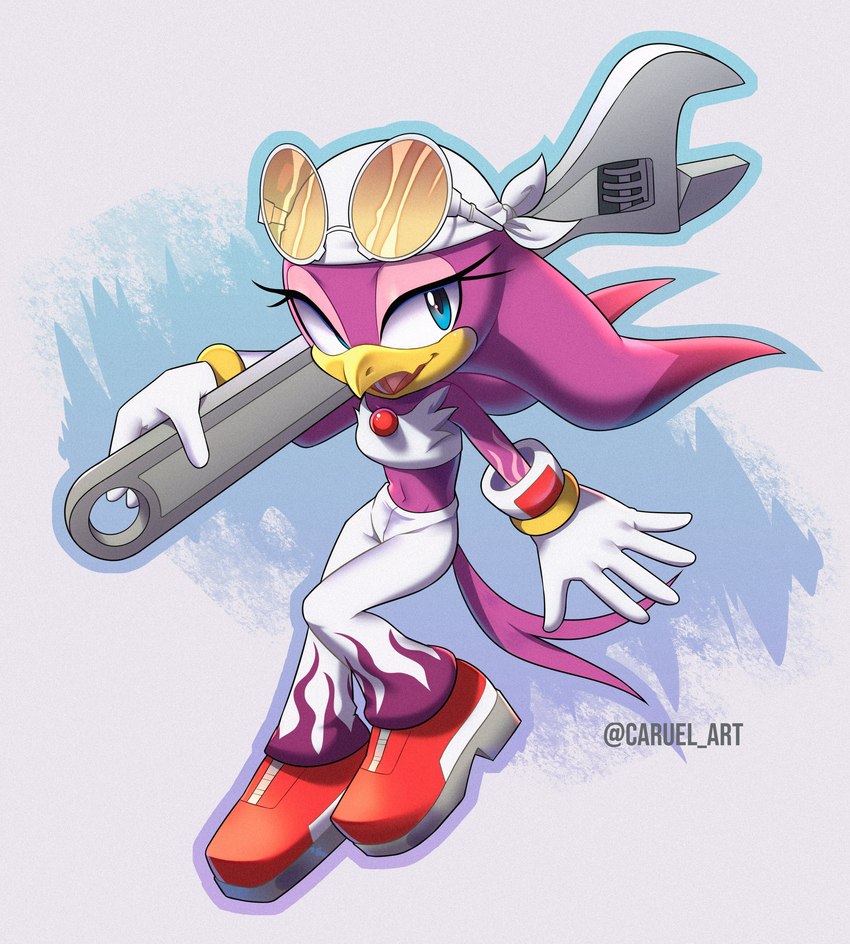 5_fingers anthro beak biped blue_eyes clothed clothing eyelashes eyewear eyewear_on_head feathers female fingers glasses glasses_on_head gloves handwear holding_object holding_tool holding_wrench open_mouth purple_body purple_feathers round_glasses simple_background solo tools wrench yellow_beak caruel_art sega sonic_riders sonic_the_hedgehog_(series) wave_the_swallow avian bird hirundinid oscine passerine swallow_(bird) 2023 absurd_res artist_name full-length_portrait hi_res portrait