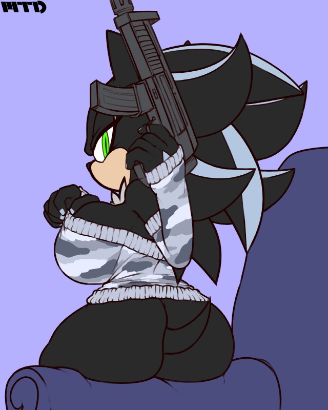 adjusting_clothing annoyed anthro arm_warmers armwear bad_trigger_discipline big_breasts big_butt blue_background bottomless breasts butt camo camo_clothing camo_print camo_sweater camo_topwear clothed clothing colored_nails crossgender female furniture green_eyes grey_nails gun holding_gun holding_object holding_ranged_weapon holding_submachine_gun holding_weapon huge_breasts looking_at_viewer looking_back looking_back_at_viewer mouthless mtf_crossgender nails on_sofa pattern_clothing pattern_sweater pattern_topwear purple_background ranged_weapon rear_view simple_background sitting sitting_on_ledge sitting_on_sofa sleeveless_clothing sleeveless_sweater sofa solo submachine_gun sweater tail topwear weapon marthedog sega sonic_the_hedgehog_(series) mephiles_the_dark eulipotyphlan hedgehog mammal 2016 4:5 absurd_res artist_name hi_res