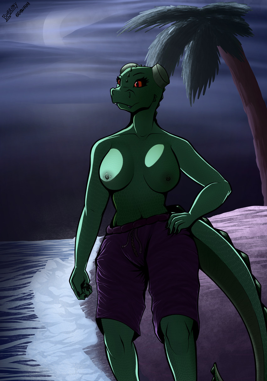 areola bare_breasts blunted_horn breasts casual_exposure clothed clothing fangs female head_ridge horn light moonlight night nipples non-mammal_breasts plant scales shore solo spikes spikes_(anatomy) swimwear tail tail_ridge teeth topless tree biobrony male_swimwear_challenge microsoft the_elder_scrolls meer-mah argonian scalie absurd_res hi_res shaded