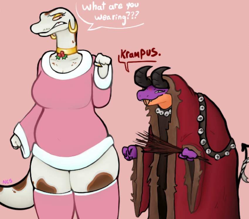 anthro clothed clothing duo fangs female fingers holding_object holidays horn legwear open_mouth spade_tail standing tail teeth text ncs christmas keeshee krampus vranda python reptile scalie snake 2022 english_text hi_res